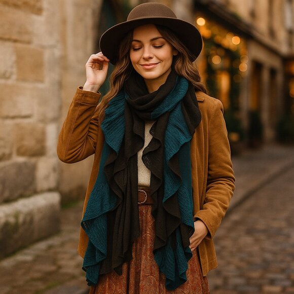 Teal & Black Ruffled Knit Artistic Scarf — Statement Layering Piece - Picture 3 of 13